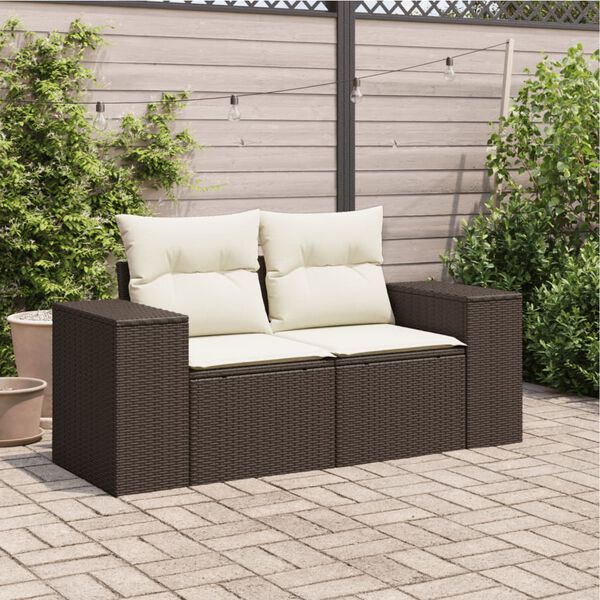 vidaXL Garden Sofa with Cushions 2-Seater Brown Poly Rattan