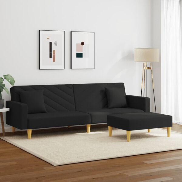vidaXL 2-Seater Sofa Bed with Pillows and Footstool Black Fabric