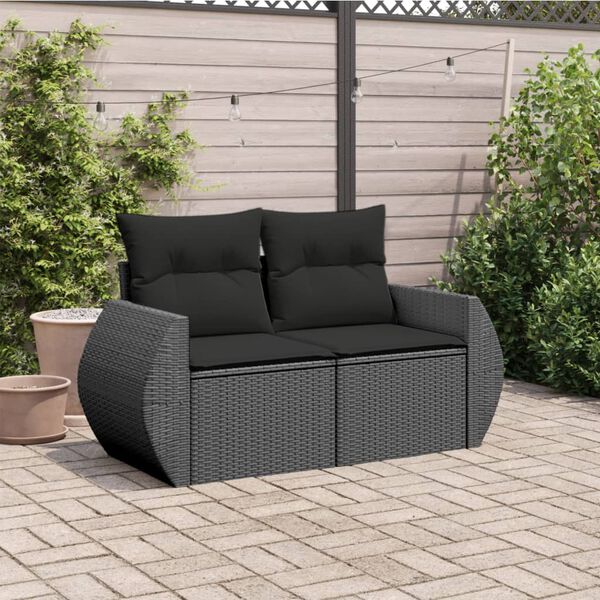 vidaXL Garden Sofa with Cushions 2-Seater Black Poly Rattan
