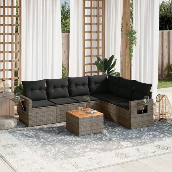 vidaXL 7 Piece Garden Sofa Set with Cushions Grey Poly Rattan