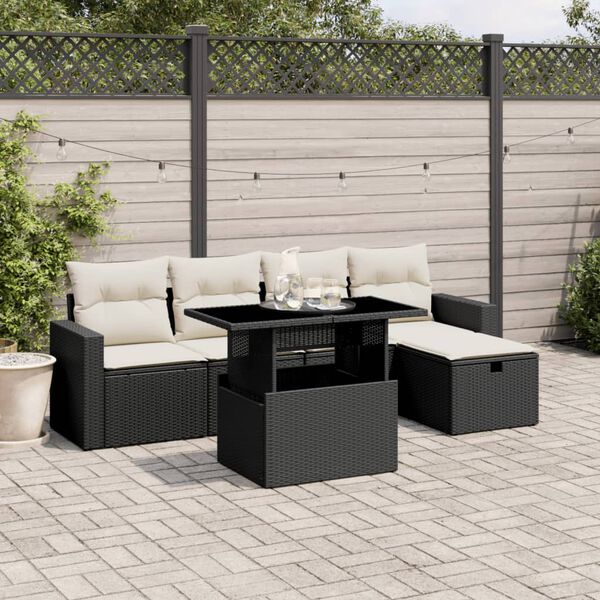 vidaXL 6 Piece Garden Sofa Set with Cushions Black Poly Rattan