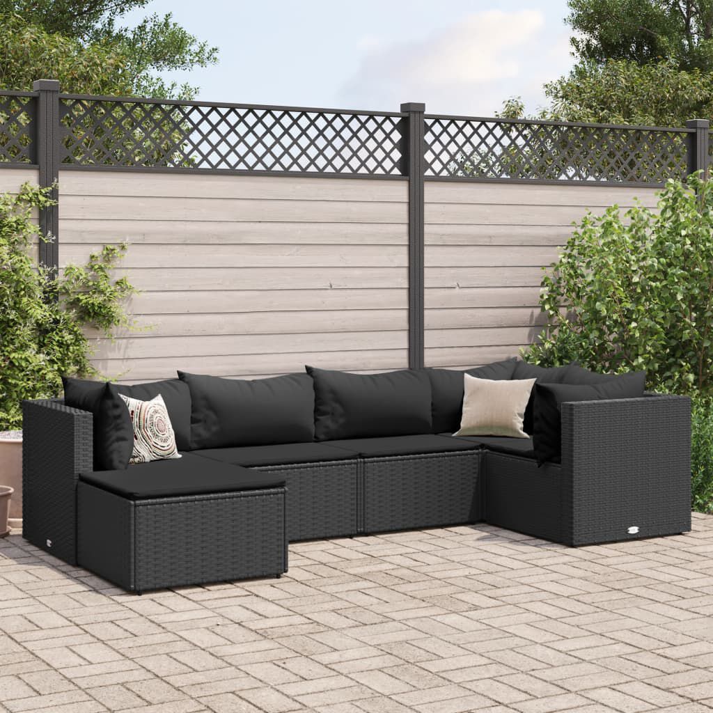 vidaXL 6 Piece Garden Lounge Set with Cushions Black Poly Rattan