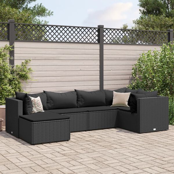 vidaXL 6 Piece Garden Lounge Set with Cushions Black Poly Rattan