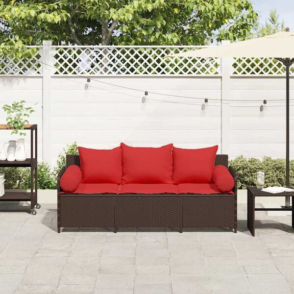 vidaXL Garden Sofa with Cushions 3-Seater Brown Poly Rattan