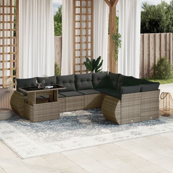 vidaXL 10 Piece Garden Sofa Set with Cushions Grey Poly Rattan