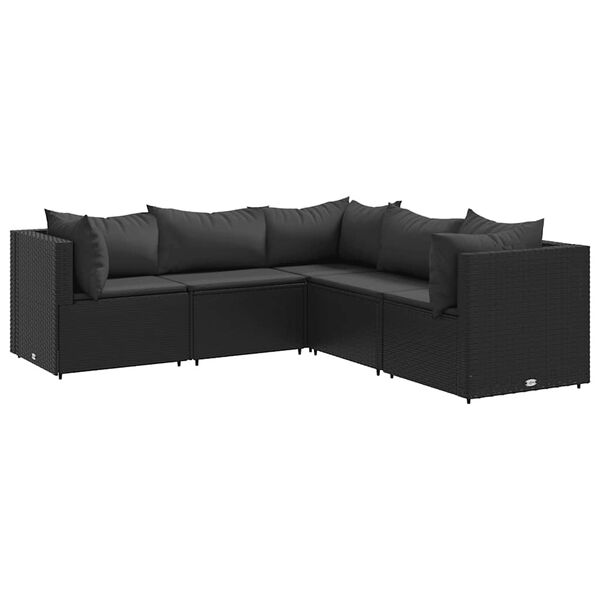 vidaXL 5 Piece Garden Lounge Set with Cushions Black Poly Rattan