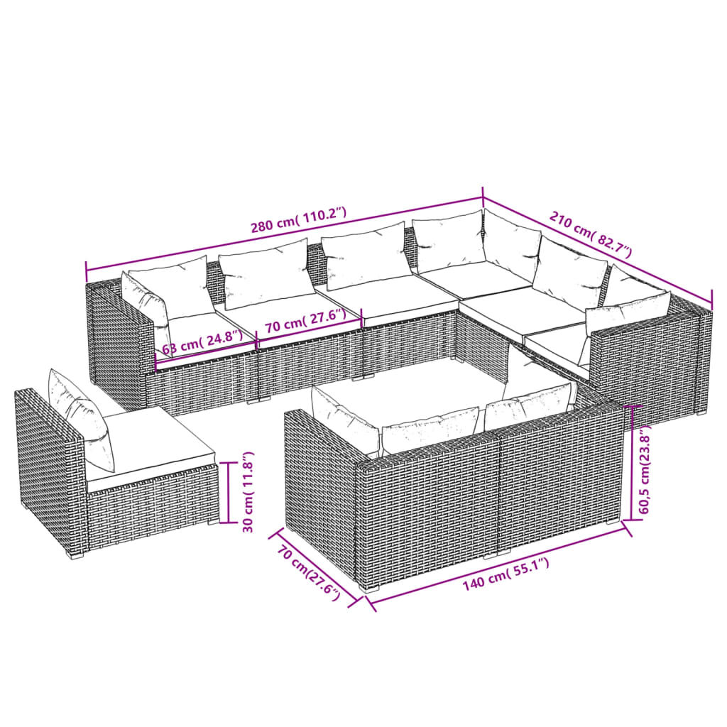 vidaXL 9 Piece Garden Lounge Set with Cushions Poly Rattan Brown