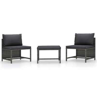 vidaXL 3 Piece Garden Sofa Set with Cushions Grey Poly Rattan