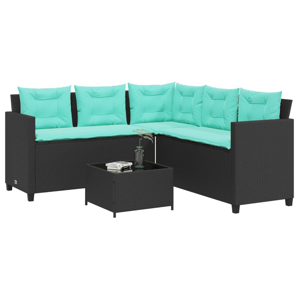 vidaXL Garden Sofa with Table and Cushions L-Shaped Black Poly Rattan