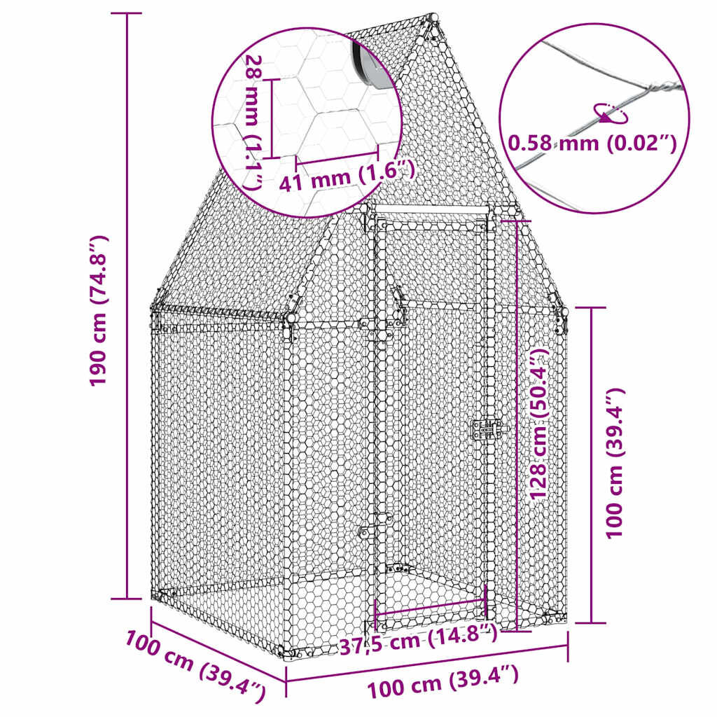 vidaXL Chicken Cage Silver 100x100x190 cm Galvanised Steel