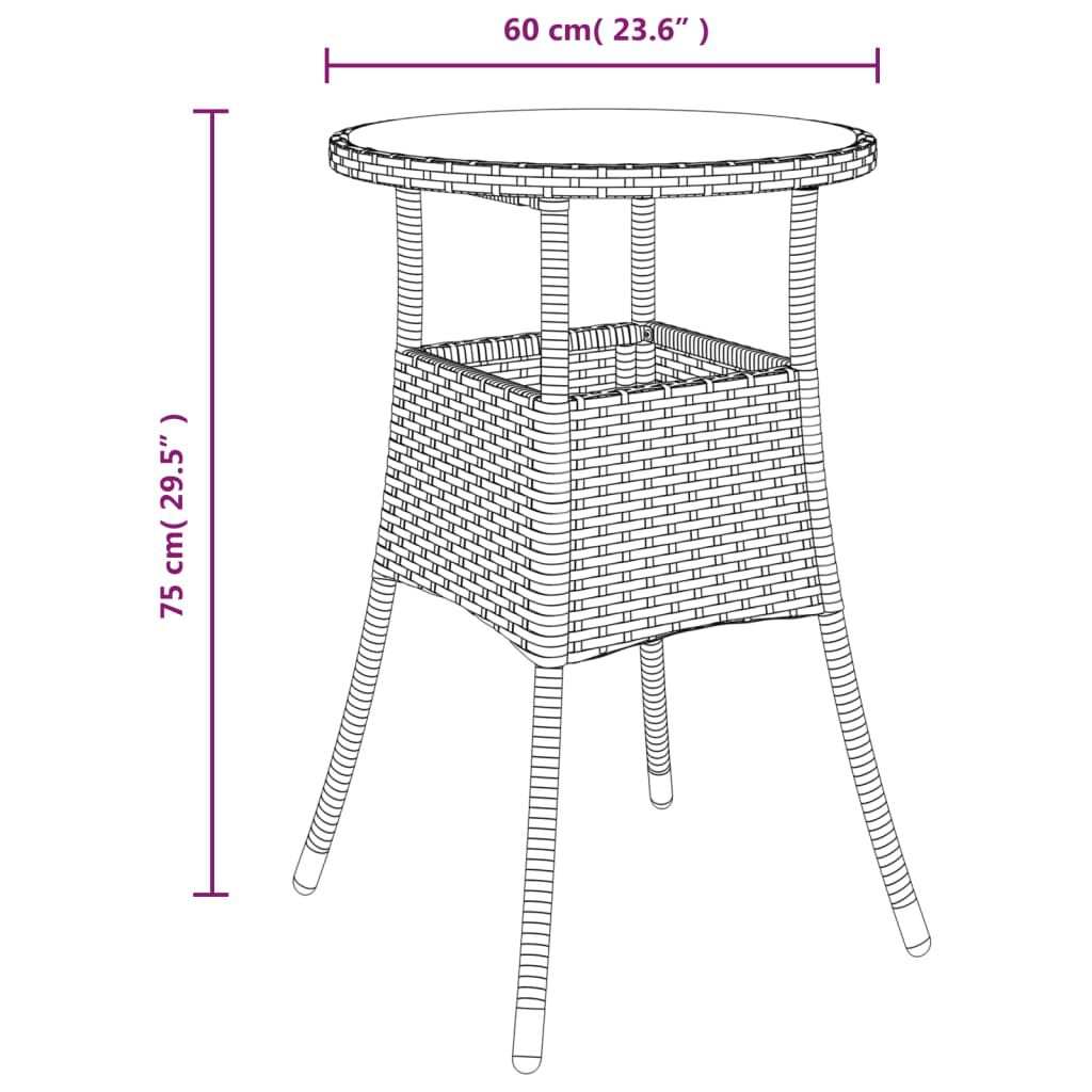 vidaXL Garden Table Ø60x75 cm Tempered Glass and Poly Rattan Brown