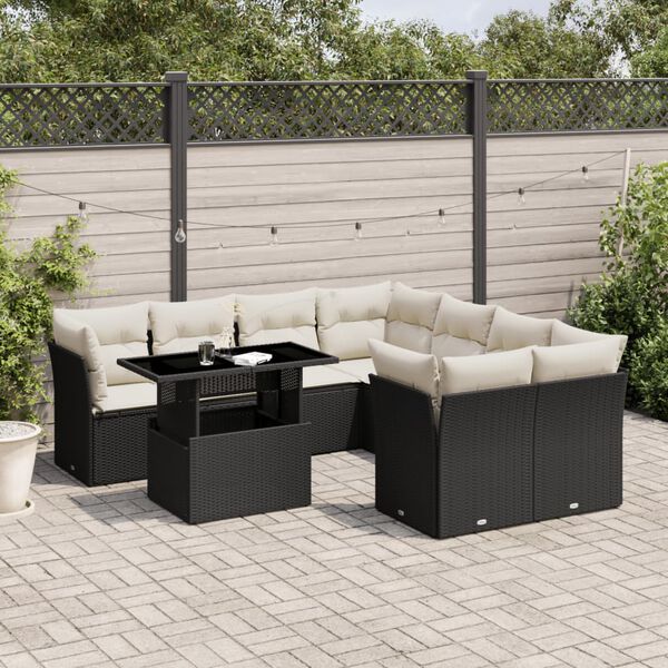 vidaXL 9 Piece Garden Sofa Set with Cushions Black Poly Rattan
