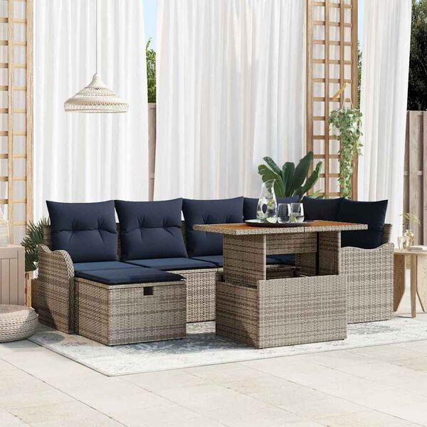 vidaXL Garden Sofa Set with Cushion 7 pcs Grey Poly Rattan