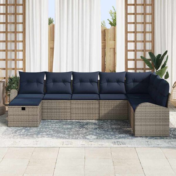 vidaXL Sofa Set with Cushion Manual 8 pcs Grey and Navy Poly Rattan