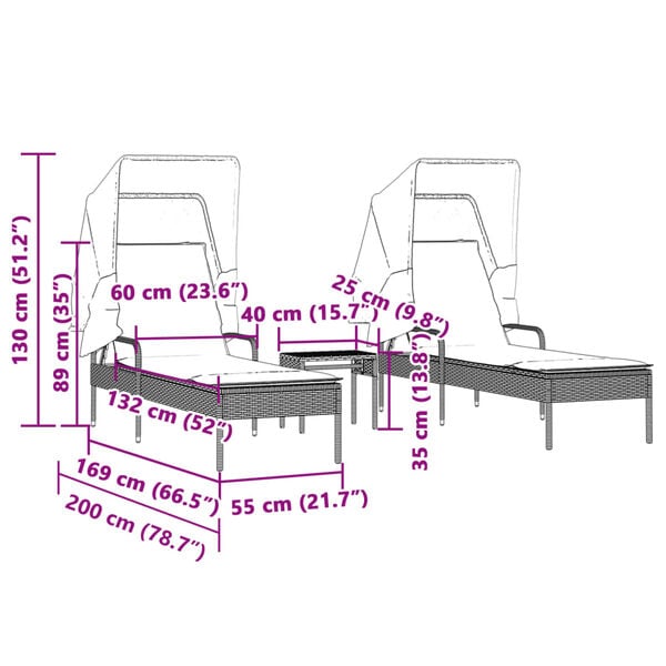 vidaXL Sun Loungers 2 pcs with Canopies and Table Black Poly Rattan