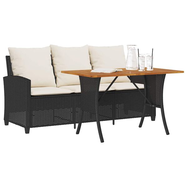 vidaXL Garden Sofa 3-Seater with Cushions&Table Black Poly Rattan