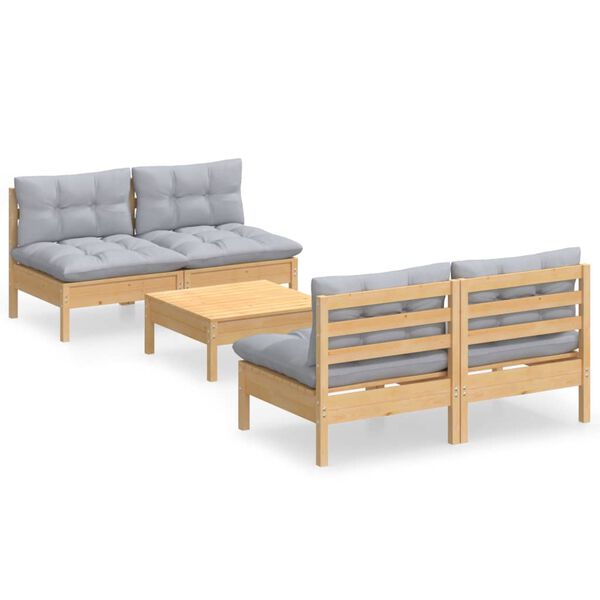 vidaXL 5 Piece Garden Lounge Set with Grey Cushions Pinewood