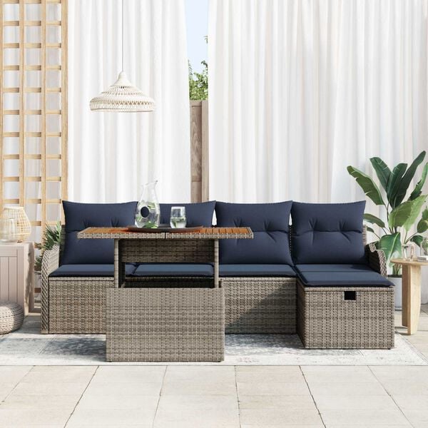 vidaXL 6 Piece Garden Sofa Set with Cushions Grey Poly Rattan