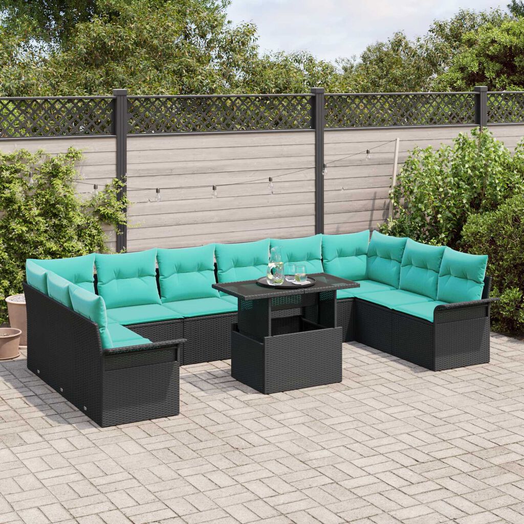 vidaXL 11 Piece Garden Sofa Set with Cushions Black Poly Rattan