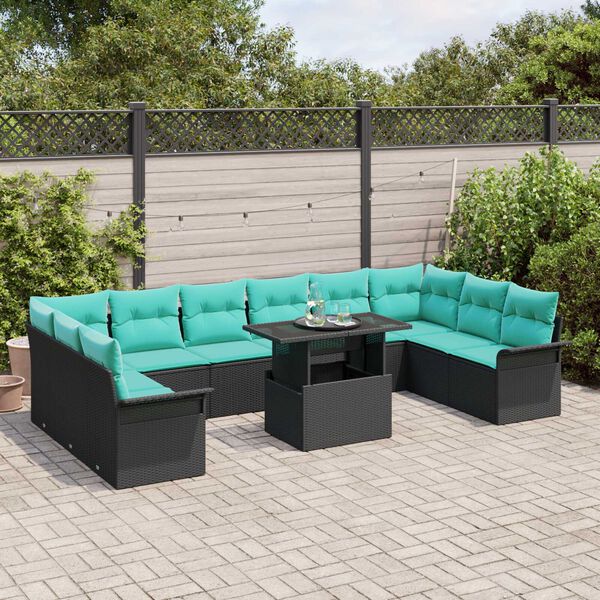vidaXL 11 Piece Garden Sofa Set with Cushions Black Poly Rattan