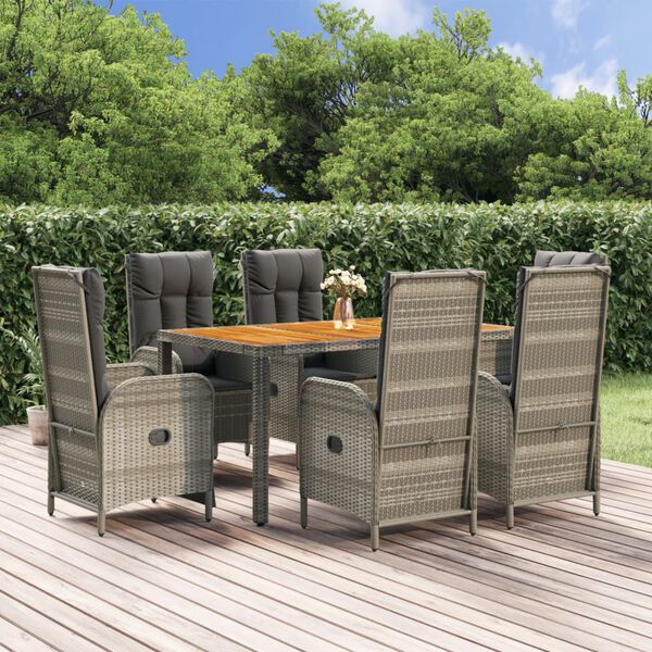 vidaXL 7 Piece Garden Dining Set with Cushions Grey Poly Rattan