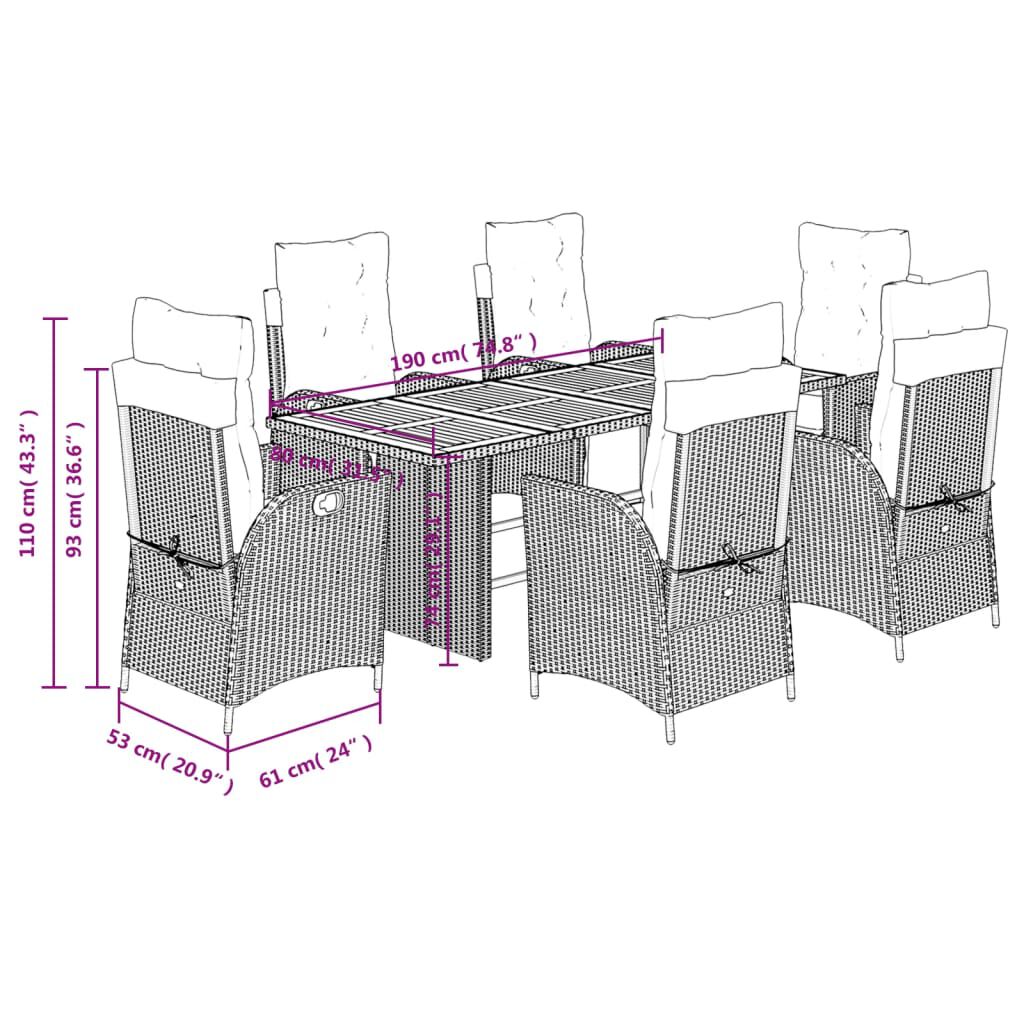 vidaXL 7 Piece Garden Dining Set with Cushions Grey Poly Rattan