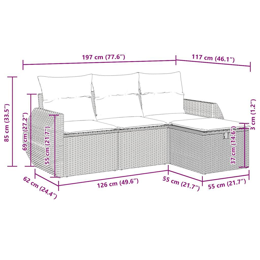 vidaXL 4 Piece Garden Sofa Set with Cushions Black Poly Rattan