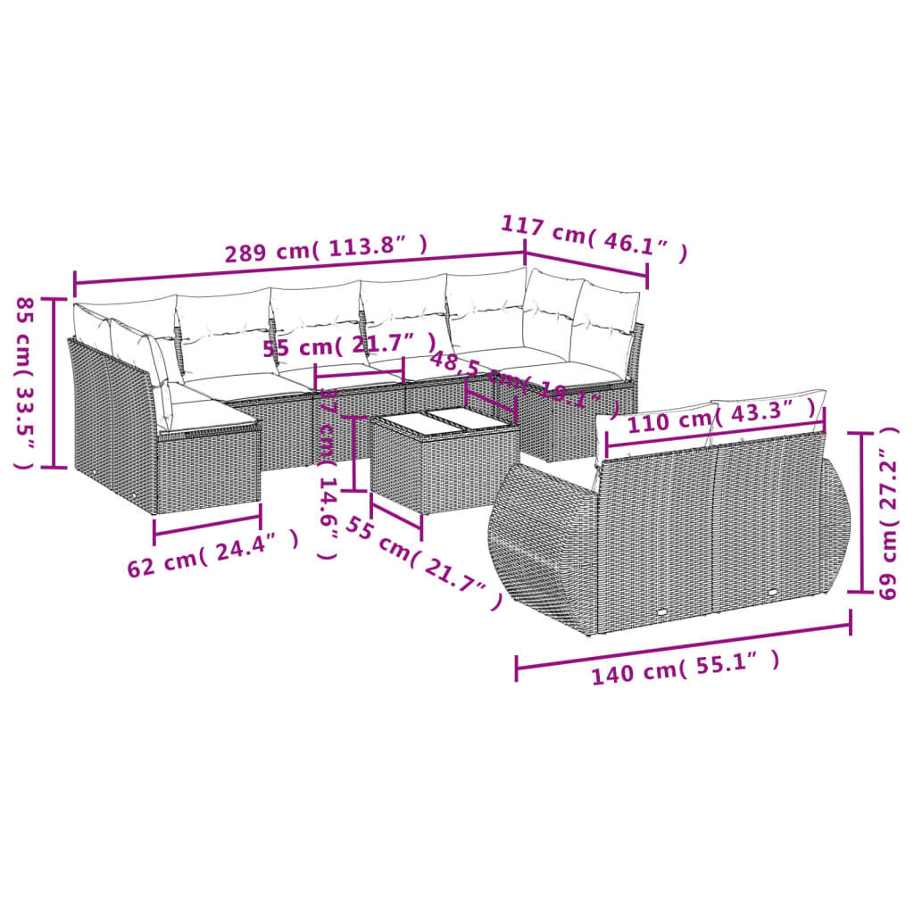 vidaXL 10 Piece Garden Sofa Set with Cushions Grey Poly Rattan
