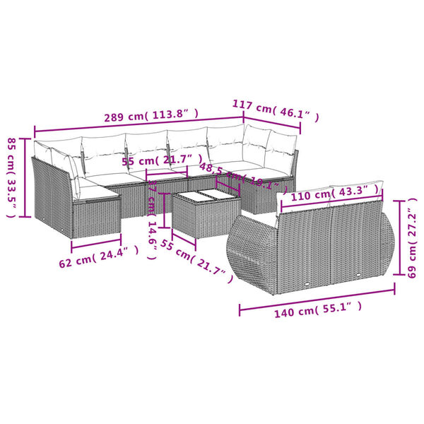 vidaXL 10 Piece Garden Sofa Set with Cushions Grey Poly Rattan