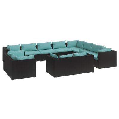 vidaXL 12 Piece Garden Lounge Set with Cushions Black Poly Rattan