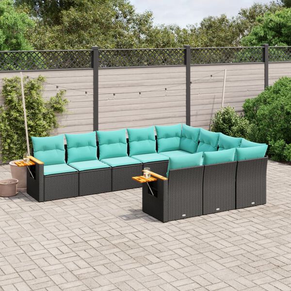 vidaXL 10 Piece Garden Sofa Set with Cushions Black Poly Rattan