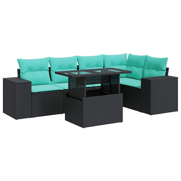 vidaXL 6 Piece Garden Sofa Set with Cushions Black Poly Rattan Acacia