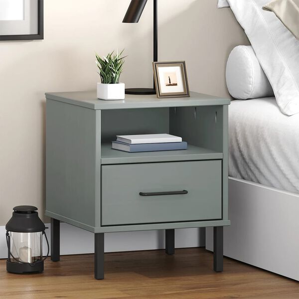 vidaXL Bedside Cabinet with Metal Legs Grey Solid Wood Pine OSLO