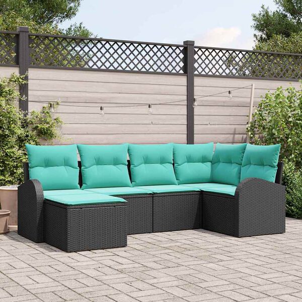 vidaXL Sofa Set with Cushion 6 pcs Black and Turquoise Poly Rattan