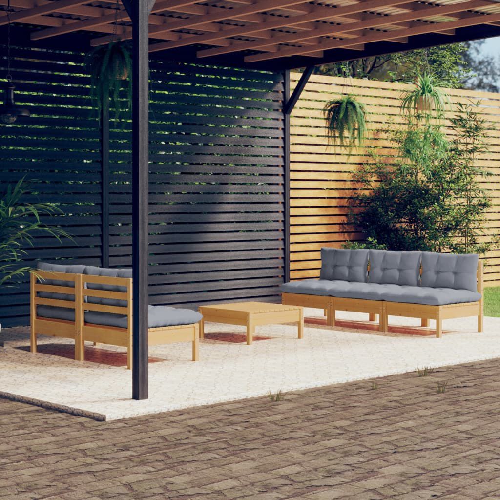 vidaXL 6 Piece Garden Lounge Set with Grey Cushions Pinewood
