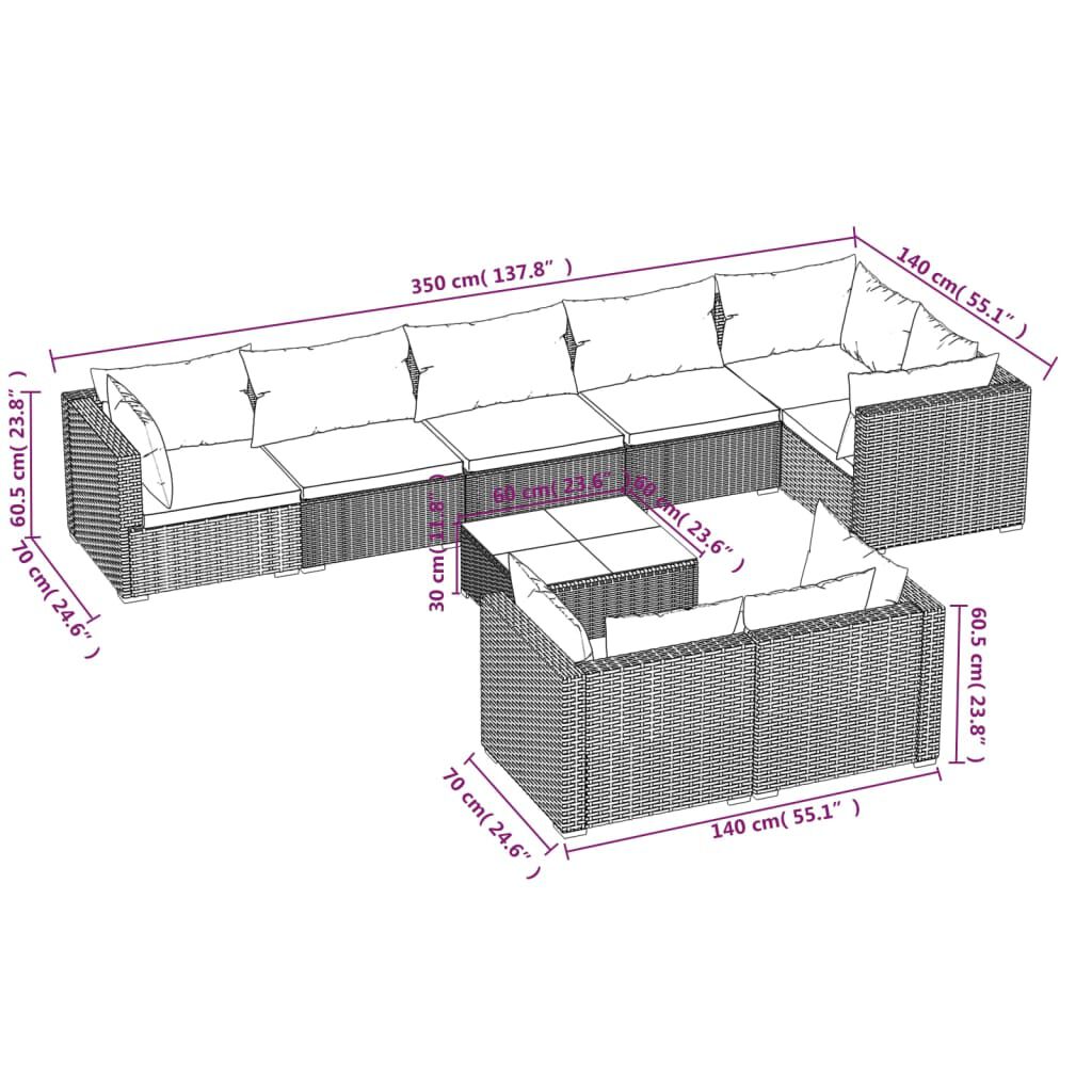 vidaXL 9 Piece Garden Lounge Set with Cushions Grey Poly Rattan