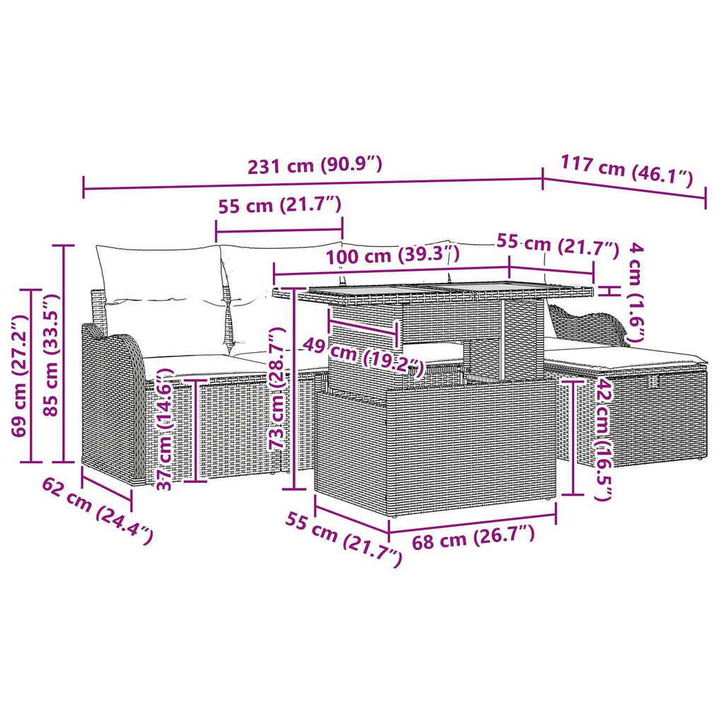 vidaXL 6 Piece Garden Sofa Set with Cushions Grey Poly Rattan