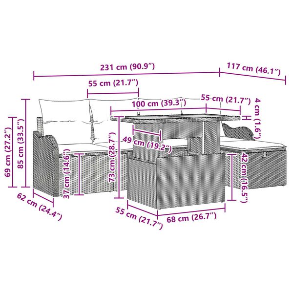 vidaXL 6 Piece Garden Sofa Set with Cushions Grey Poly Rattan