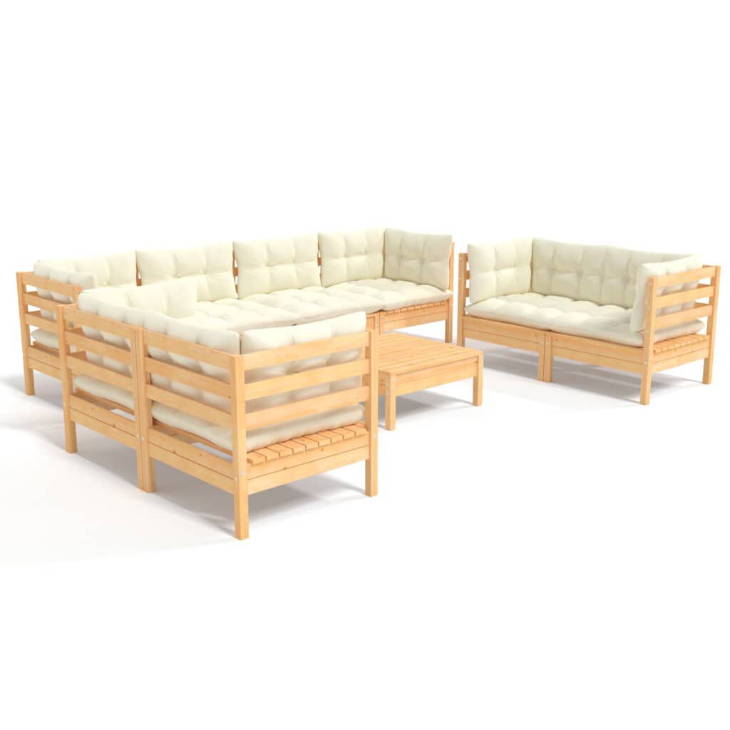 vidaXL 9 Piece Garden Lounge Set with Cream Cushions Solid Pinewood