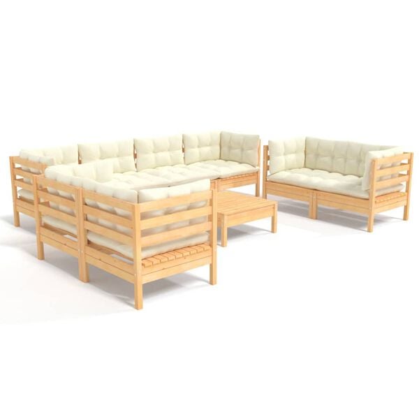 vidaXL 9 Piece Garden Lounge Set with Cream Cushions Solid Pinewood