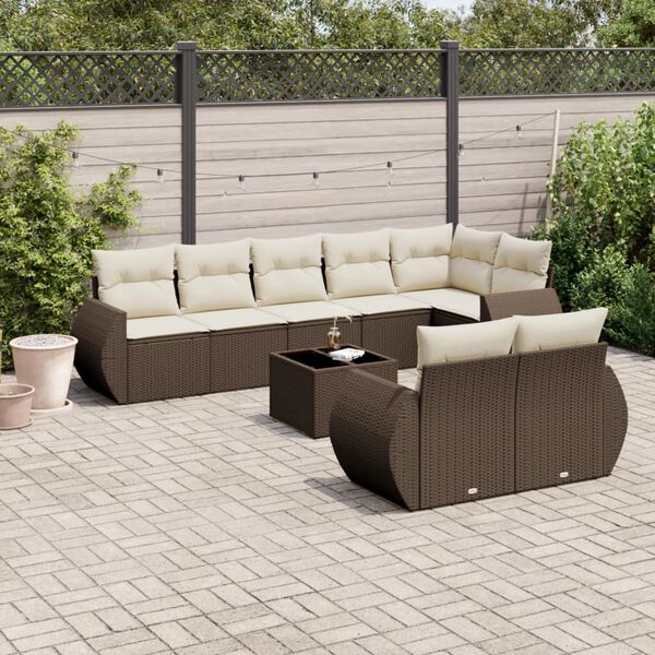 vidaXL 9 Piece Garden Sofa Set with Cushions Brown Poly Rattan