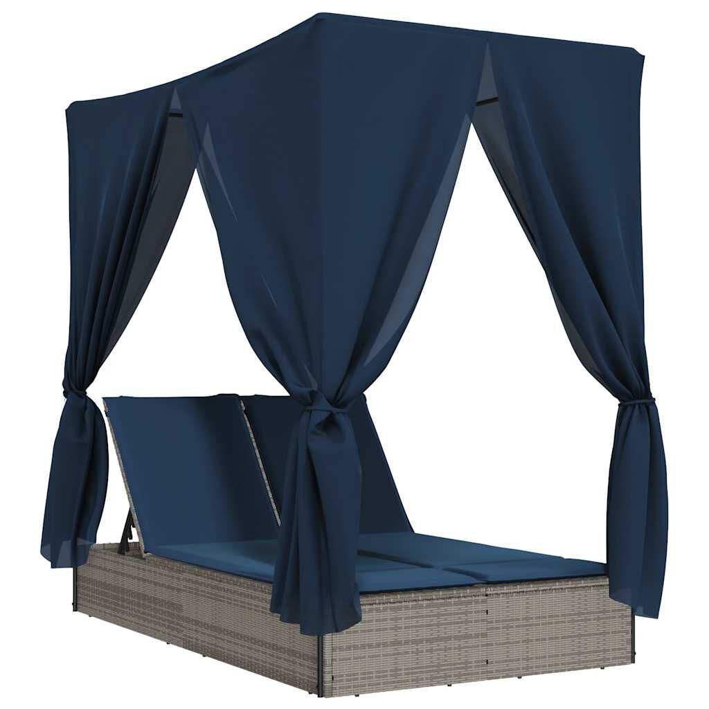 vidaXL Double Sun Lounger with Roof and Curtains Grey Poly Rattan