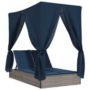 vidaXL Double Sun Lounger with Roof and Curtains Grey Poly Rattan