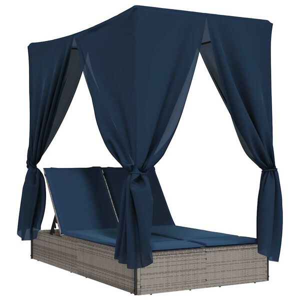 vidaXL Double Sun Lounger with Roof and Curtains Grey Poly Rattan