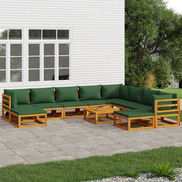 vidaXL 11 Piece Garden Lounge Set with Green Cushions Solid Wood
