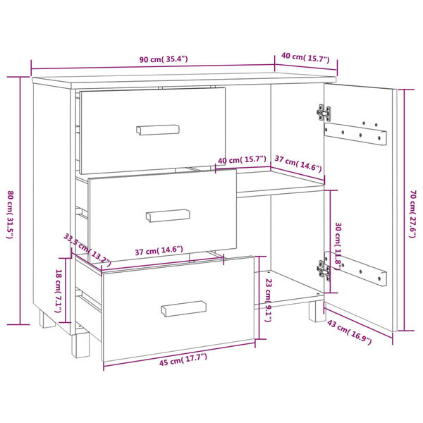 vidaXL Sideboard HAMAR Light Grey 90x40x80 cm Solid Pinewood