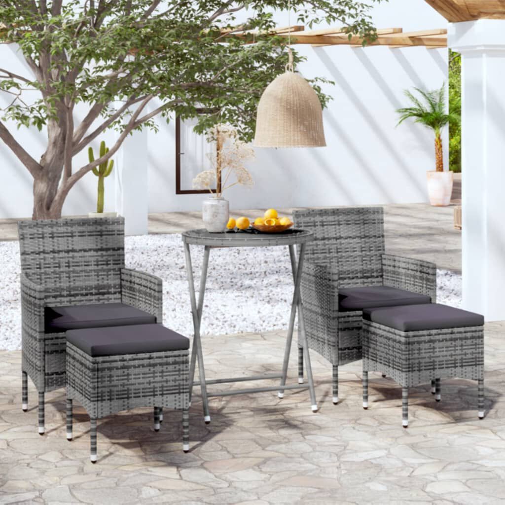 vidaXL 5 Piece Garden Bistro Set Poly Rattan and Tempered Glass Grey