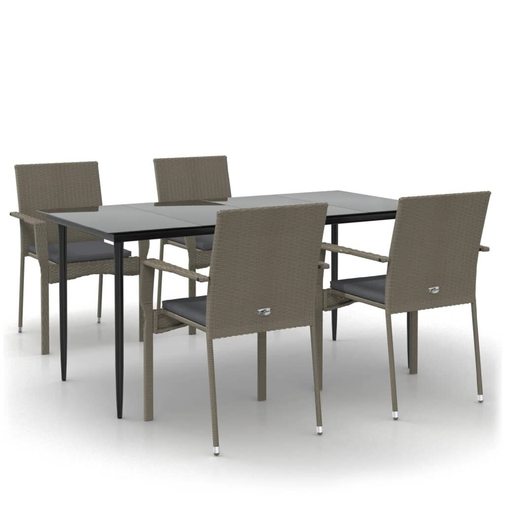 vidaXL 5 Piece Garden Dining Set with Cushions Black and Grey Poly Rattan