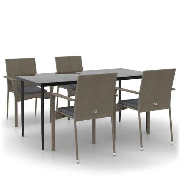 vidaXL 5 Piece Garden Dining Set with Cushions Black and Grey Poly Rattan