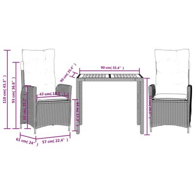 vidaXL 3 Piece Garden Dining Set with Cushions Black Poly Rattan